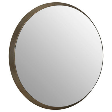 Round mirror with a bronze frame on a white background