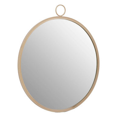 Round mirror with a wooden frame on a white background