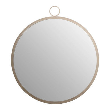 Round mirror with a beige frame on a white background