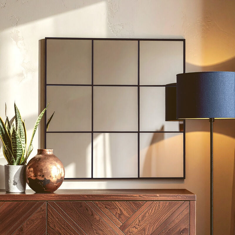 Oriel Grid Wall Mirror with Black Finish Frame