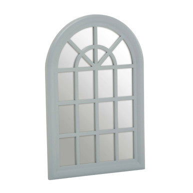 Decorative window-shaped mirror with a light gray frame on a white background