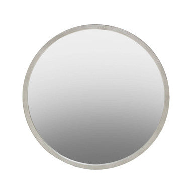 Round mirror with a silver frame on a white background