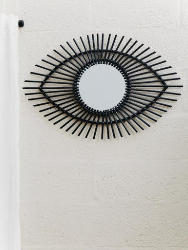 Mataram Black Natural Rattan Eye Shape Wall Mirror