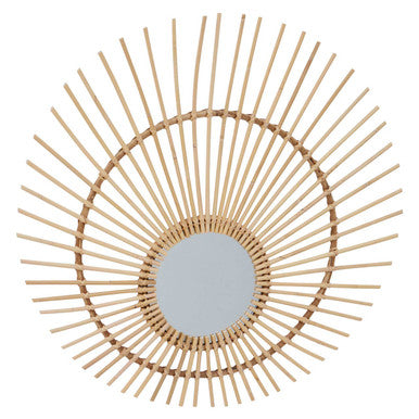 Round rattan mirror with a natural wood finish on a white background