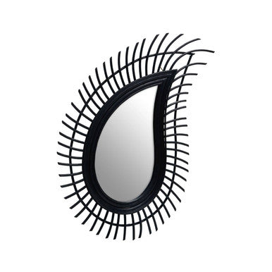 Decorative mirror with black, eye-shaped frame on a white background