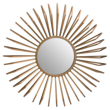 Sunburst mirror with wooden frame on a white background