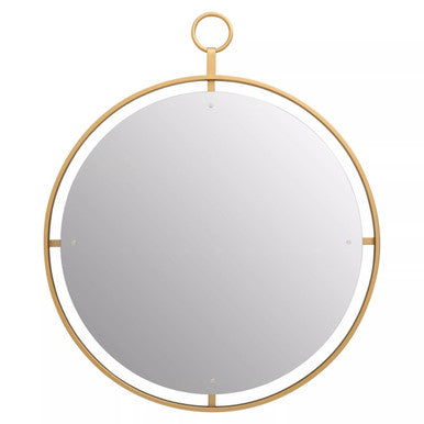 Round mirror with gold frame on a white background