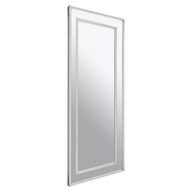 Rectangular mirror with a silver frame on a white background