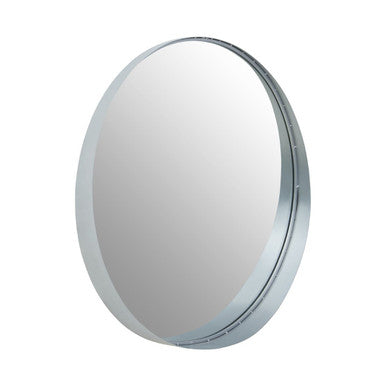 Round silver-framed mirror on a white background