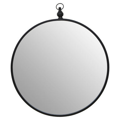 Round mirror with a black frame on a white background