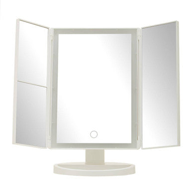 Tri-fold makeup mirror with LED lights on a white background