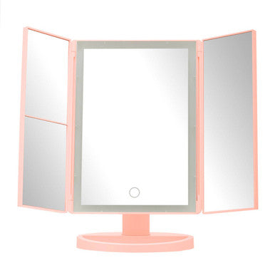 Tri-fold makeup mirror with LED lights on a white background