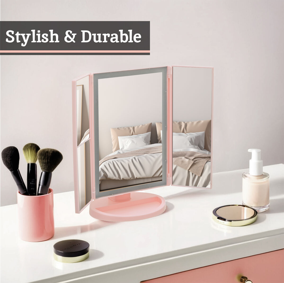 Cassini Tri Fold Pink LED Table Mirror
