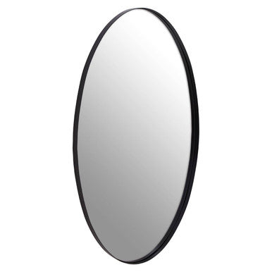 Round mirror with a black frame on a white background