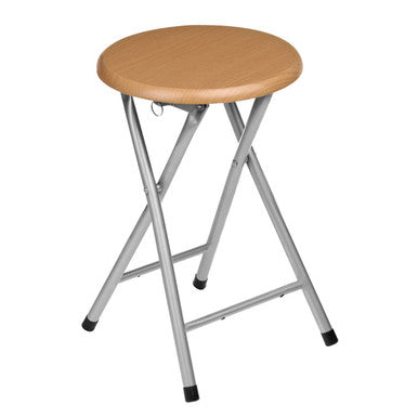 Foldable stool with wooden seat and metal frame on a white background