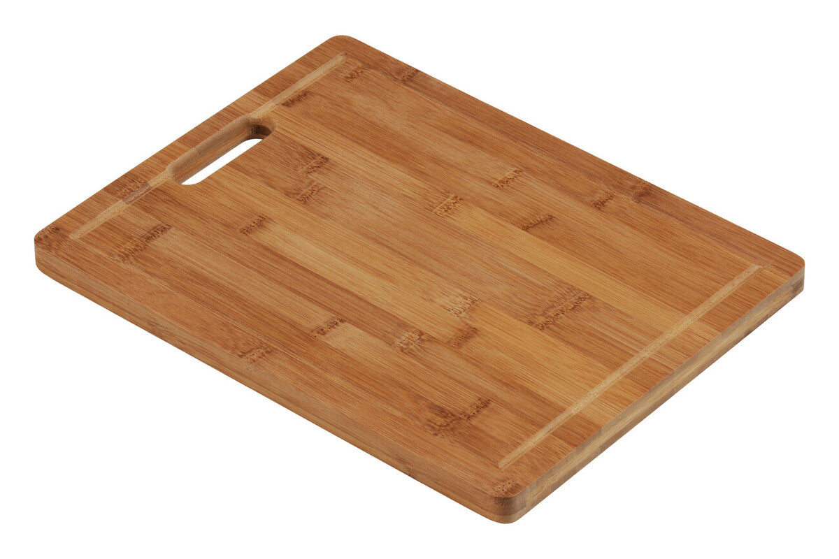 Wooden cutting board with a handle on a white background