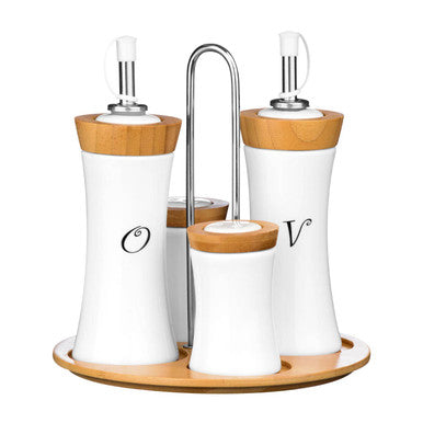 Set of three white bottles with wooden tops and a central faucet on a white background