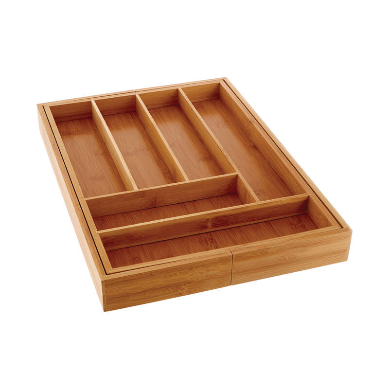 Wooden drawer organizer with multiple compartments on a white background