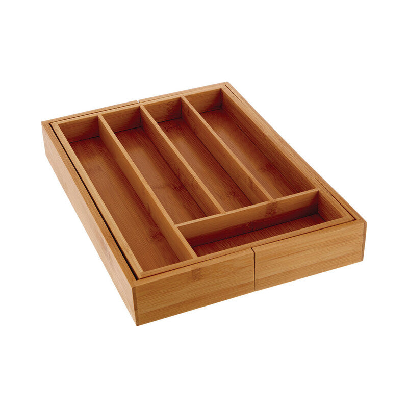 Wooden cutlery organizer with compartments on a white background