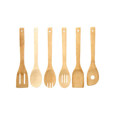 Set of six wooden kitchen utensils on a white background