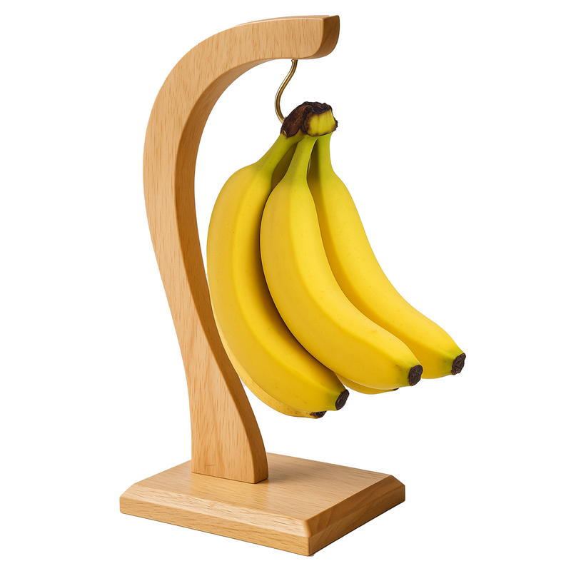 Wooden banana holder with a bunch of bananas on a white background