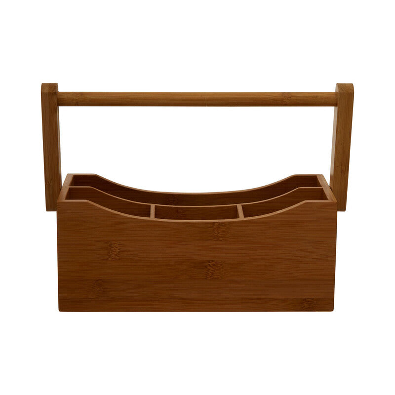 Wooden tool caddy with handles on a white background