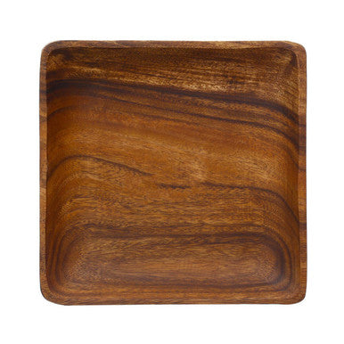 Wooden square plate with a rich brown finish on a white background