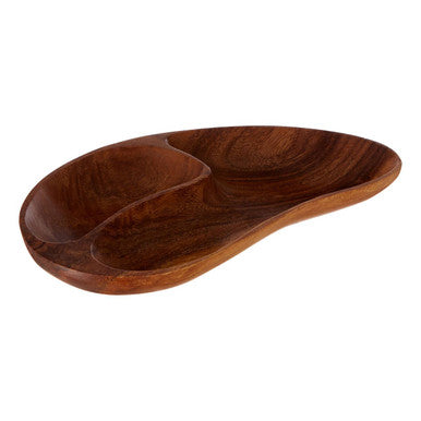 Wooden serving dish with divided sections on a white background