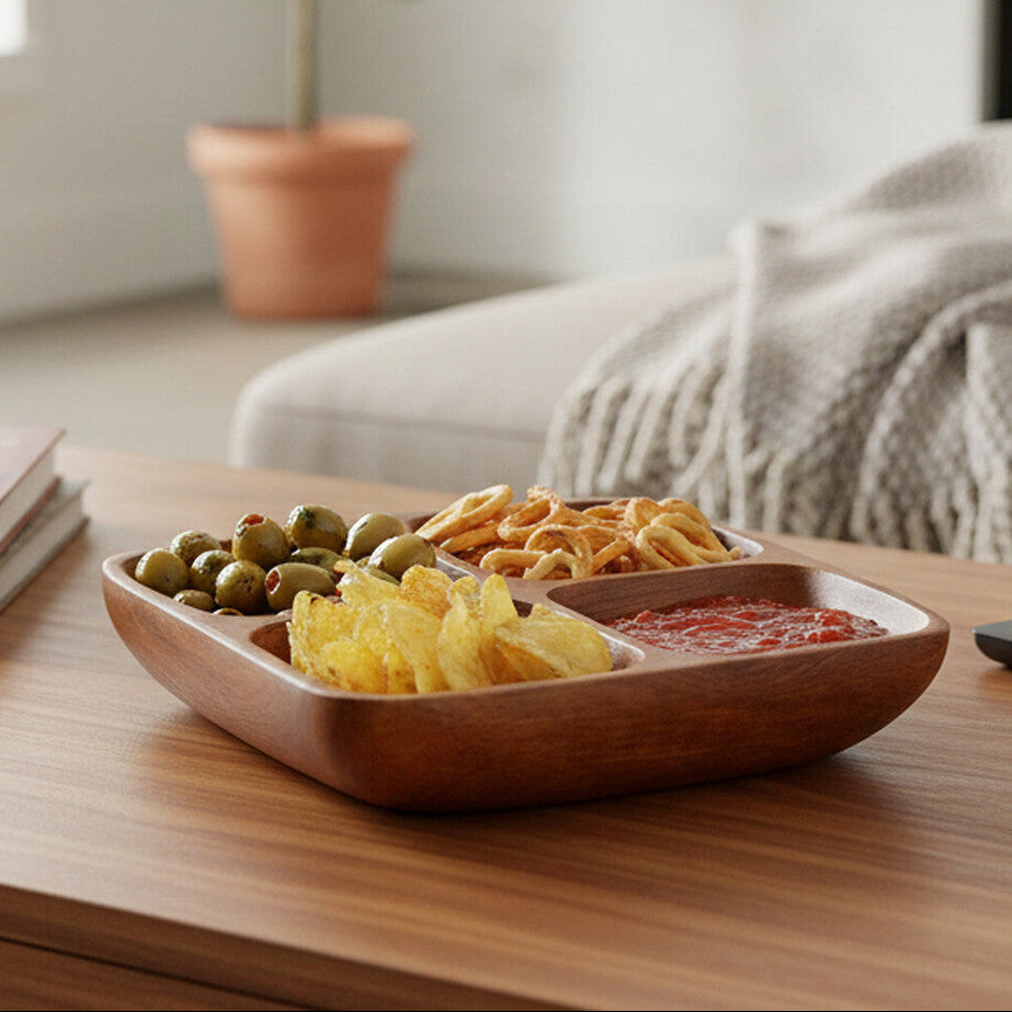 Wooden tray with snacks on a wooden table in a living room setting.