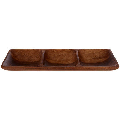 Wooden tray with three compartments on a white background