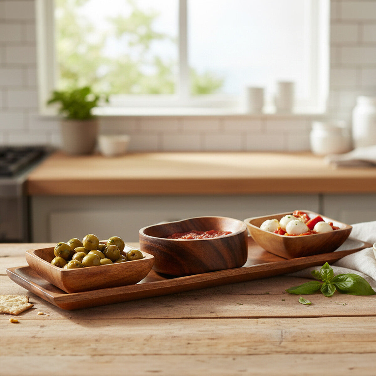 Kora Acacia Wood 3 Piece Serving Dish Set With Tray