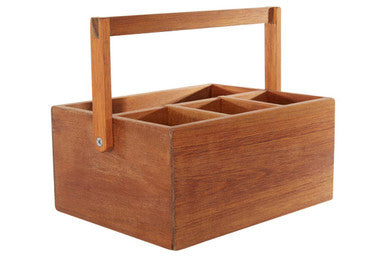 Wooden caddy with compartments and a handle on a white background