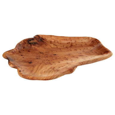Wooden serving tray with natural edge on a white background