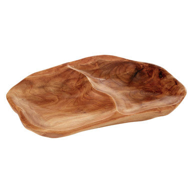 Wooden serving board with a natural finish on a white background