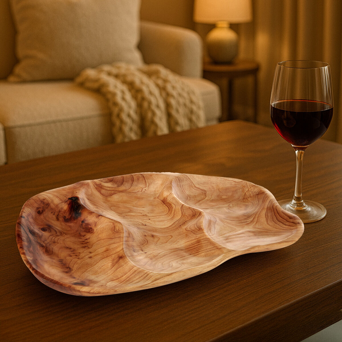 Wooden serving board on a table with a glass of red wine in a cozy room.