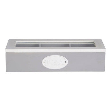 Gray rectangular box with a clear lid on a white background