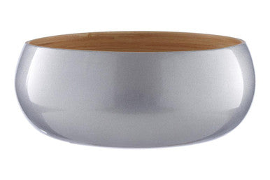 Silver bowl with a wooden lid on a white background