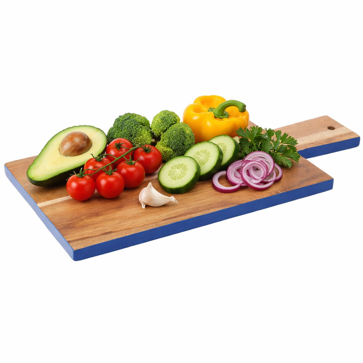 Wooden cutting board with various vegetables on a white background