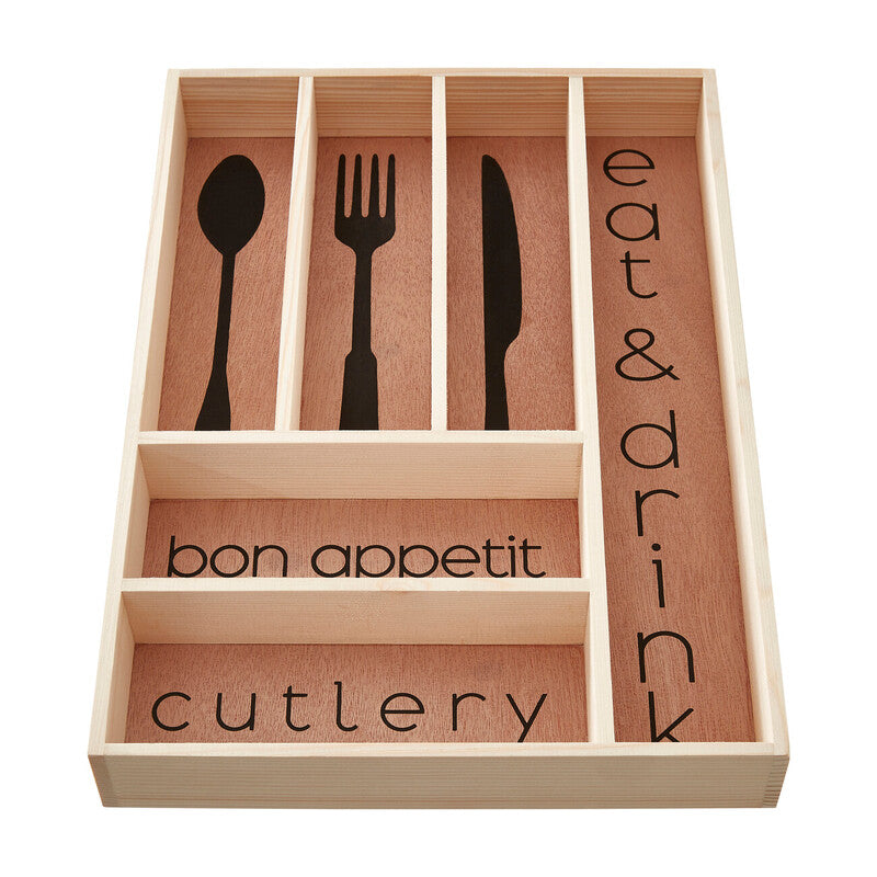 Wooden cutlery organizer with black cutlery illustrations and text on a white background