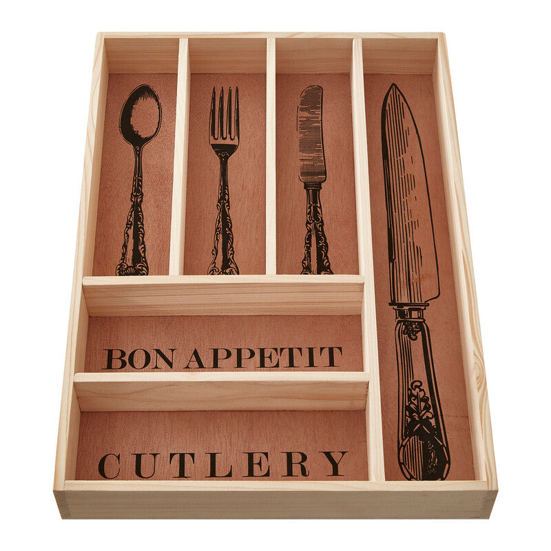 Wooden cutlery organizer with engraved cutlery illustrations and &