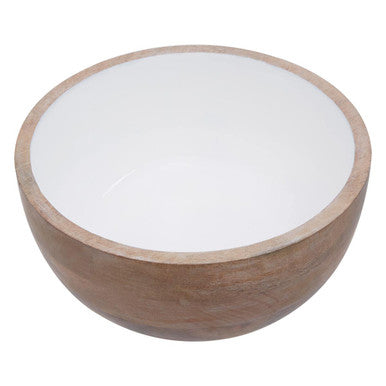 Round wooden bowl with white interior on a white background