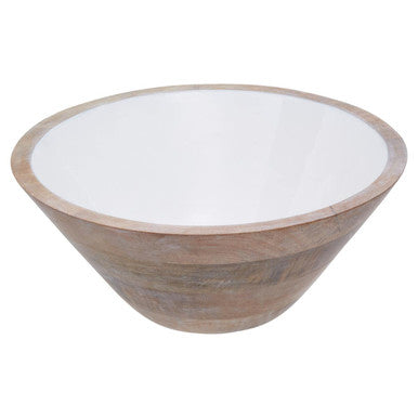 White ceramic bowl with wooden rim on a white background