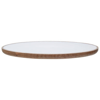 Round wooden table with a white surface on a white background