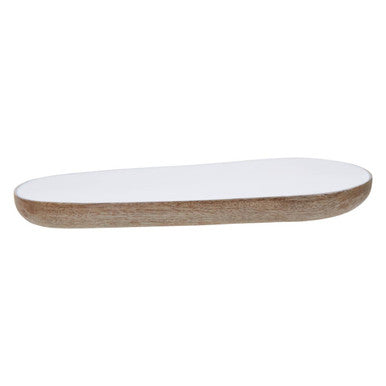 Oval-shaped tray with wooden base and white top on a white background