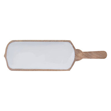 Rectangular white board with wooden handle on a white background