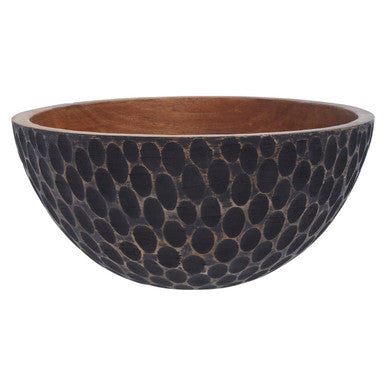 Decorative bowl with black pebble pattern on a white background
