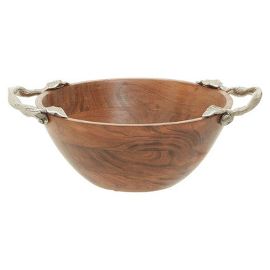 Wooden bowl with metal handles on a white background