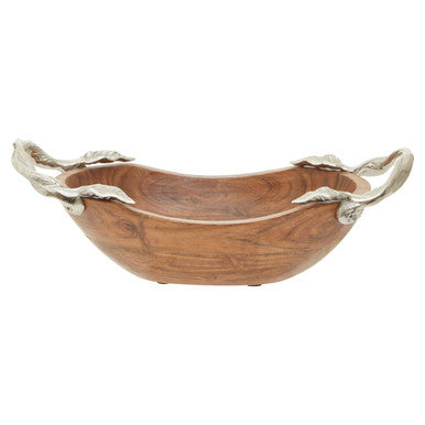 Wooden bowl with silver handles on a white background