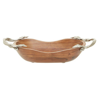 Wooden bowl with silver handles on a white background