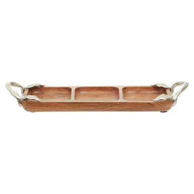 Wooden tray with silver handles on a white background